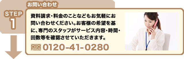STEP1 お問い合せ:資料請求・料金のことなどもお気軽にお問い合わせください。お客様の希望を基に、専門のスタッフがサービス内容・時間・回数等を確認させていただきます。