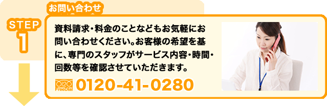 STEP1 お問い合せ:資料請求・料金のことなどもお気軽にお問い合わせください。お客様の希望を基に、専門のスタッフがサービス内容・時間・回数等を確認させていただきます。